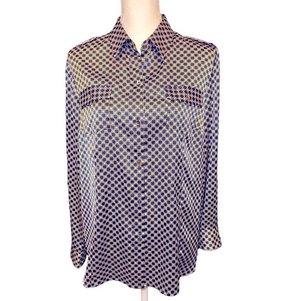 Jones New York - Signature Button Down Blouse w/lapel, blue + lime green, Large
